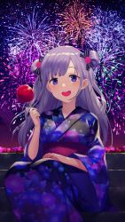 Rule 34 | :d, aerial fireworks, bad id, bad pixiv id, blue eyes, candy apple, coconome, double bun, fireworks, floral print, food, japanese clothes, kimono, leti (teria saga), long hair, looking at viewer, night, night sky, open mouth, silver hair, sitting, sky, smile, solo, stairs, teria saga