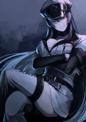 Rule 34 | 10s, 1girl, akame ga kill!, belt, blue eyes, blue hair, boots, breasts, choker, cleavage, colored eyelashes, crossed arms, esdeath, hat, hetza (hellshock), large breasts, crossed legs, long hair, looking at viewer, matching hair/eyes, military, military uniform, peaked cap, sitting, smile, solo, thigh boots, thighhighs, uniform, very long hair