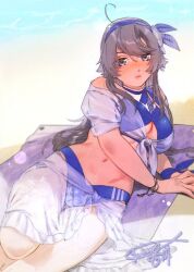 Rule 34 | 1girl, beach, beach towel, bikini, blue bikini, blue hairband, bracelet, breasts, cleavage, closed mouth, crop top, day, front-tie top, grey eyes, grey hair, hair between eyes, hairband, highres, jewelry, kantai collection, large breasts, long hair, looking at viewer, lying, on side, outdoors, sarong, shirt, shishanmo, signature, solo, swimsuit, towel, washington (kancolle), water, white shirt
