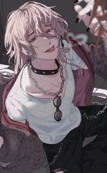 Rule 34 | 1boy, black choker, black nails, black pants, chain, chain necklace, choker, earrings, facial mark, grey background, highres, jewelry, kaida shion, long hair, looking at viewer, male focus, necklace, pants, paradox live, phantometal (paradox live), pink hair, red eyes, ring, shirt, single earring, solo, sunglasses, teeth, tongue, tongue out, white shirt, zingai sanx
