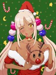 Rule 34 | 1girl, :p, absurdres, animal costume, antlers, bell, body writing, breasts, candy, candy cane, choker, dark-skinned female, dark skin, food, hat, highres, hololive, hololive english, horns, large breasts, marker, mayunezu, one breast out, one eye closed, reindeer antlers, reindeer costume, santa costume, santa hat, smile, solo, tongue, tongue out, tsukumo sana, twintails, virtual youtuber, white hair, wink, yellow eyes