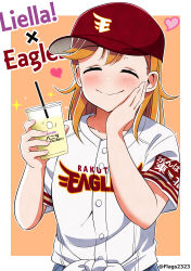 Rule 34 | 1girl, absurdres, baseball cap, baseball jersey, blush, border, closed eyes, closed mouth, collarbone, commentary request, cup, disposable cup, drink, drinking straw, facing viewer, group name, hand on own cheek, hand on own face, hat, heart, highres, holding, holding cup, holding drink, love live!, love live! superstar!!, medium hair, nippon professional baseball, orange background, orange hair, outside border, pakudehon, red hat, shibuya kanon, shirt, short sleeves, smile, solo, standing, touhoku rakuten golden eagles, twitter username, upper body, white border, white shirt