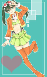 Rule 34 | 1girl, akatsuki kouya, blue background, boots, breasts, cleavage, closed mouth, cosplay, d.gray-man, eyewear on head, green eyes, green hair, green skirt, gumi, gumi (cosplay), hair between eyes, heart, highres, jacket, lenalee lee, long hair, long sleeves, looking at viewer, midriff, miniskirt, navel, open clothes, open jacket, orange footwear, orange jacket, pleated skirt, shiny footwear, skirt, small breasts, smile, solo, standing, standing on one leg, stomach, sunglasses, suspender skirt, suspenders, thigh boots, thigh gap, thighhighs, twintails, underboob, vocaloid, zettai ryouiki