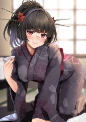 Rule 34 | 1girl, absurdres, black hair, blush, breasts, choko (cup), choukai (kancolle), closed mouth, cup, fingernails, floral print, flower, glasses, grey kimono, hair flower, hair ornament, headgear, highres, holding, holding cup, japanese clothes, kantai collection, kimono, large breasts, long hair, long sleeves, print kimono, red eyes, red flower, rimless eyewear, shouji, sliding doors, smile, solo, tatami, wide sleeves, yunamaro