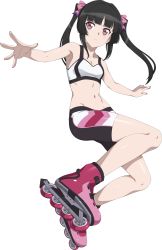 Rule 34 | 1girl, absurdres, bike shorts, black hair, black shorts, bow, breasts, chuunioniika, cleavage, collarbone, floating hair, full body, groin, hair bow, hair intakes, highres, long hair, looking to the side, midriff, nail polish, navel, outstretched arms, parted lips, pink bow, pink footwear, pink nails, red eyes, roller skates, senki zesshou symphogear, shiny skin, shorts, skates, small breasts, solo, sports bra, stomach, transparent background, tsukuyomi shirabe, white sports bra