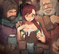 Rule 34 | 1girl, 2boys, absurdres, beard, beer mug, blush, braid, breasts, breath, brown hair, clasp, cloak, collarbone, crop top, cup, drunk, durin (liangzi tai hongcha), earrings, empty, eyelashes, facial hair, foam, gauntlets, green eyes, hand on another&#039;s shoulder, hand on own chest, highres, holding, holding cup, jewelry, large breasts, laughing, liangzi tai hongcha, long hair, looking at object, mug, multiple boys, muscular, nervous, open mouth, original, print legwear, red hair, sandals, shirt, slit pupils, stud earrings, sweat, table, tavern, tengwar text, translated, tunic, twin braids, viking, white hair, white shirt