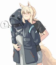 Rule 34 | 1girl, 1other, :3, ?, absurdres, ambiguous gender, animal ear fluff, animal ears, arknights, arm behind back, black coat, black shirt, blonde hair, blush, closed mouth, coat, doctor (arknights), extra ears, hair between eyes, heart, highres, hood, hood up, hooded coat, horse ears, horse girl, horse tail, hug, hug from behind, long hair, long sleeves, low ponytail, nearl (arknights), orange eyes, seung-aeja, shirt, simple background, speech bubble, spoken question mark, sweatdrop, tail, white background