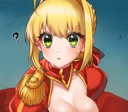 Rule 34 | 1girl, ?, ahoge, bishoujo senshi sailor moon, blonde hair, blush, braid, breasts, cleavage, commentary request, derivative work, dress, fate/grand order, fate (series), green eyes, hair intakes, hair ribbon, large breasts, long hair, looking at viewer, meme, nero claudius (fate), nero claudius (fate) (all), nero claudius (fate/extra), open mouth, puffy sleeves, red dress, ribbon, sailor moon redraw challenge (meme), short hair, solo, sweatdrop, yayoi maka