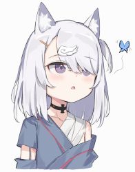 Rule 34 | 1girl, :o, animal ear fluff, animal ears, bandaged chest, bandages, bug, butterfly, cat ears, cat girl, highres, insect, medium hair, off shoulder, original, parted lips, purple eyes, satou (3366 s), simple background, white background, white hair, wing hair ornament