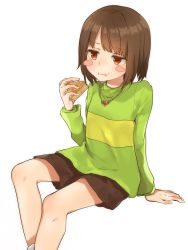 Rule 34 | :i, androgynous, arm at side, arm support, bad id, bad twitter id, blush stickers, brown hair, brown shorts, chara (undertale), eating, flat expression, food, food on face, gender request, green shirt, heart, heart necklace, highres, holding, holding food, jewelry, koretsuna, long sleeves, necklace, pie, pie slice, red eyes, shirt, short hair, shorts, simple background, sitting, socks, solo, striped clothes, striped shirt, undertale, white background, white socks
