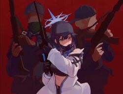 Rule 34 | 1girl, 2boys, absurdres, bare shoulders, baseball cap, black headwear, black shirt, blue archive, blue hair, coat, commentary request, crop top, grey eyes, hat, highres, long hair, looking at viewer, midriff, multiple boys, open clothes, open coat, parted lips, red background, saori (blue archive), shirt, simple background, starshell, stomach, upper body, white coat