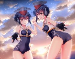 Rule 34 | 2girls, ass, asymmetrical hair, black hair, blue one-piece swimsuit, breasts, brown eyes, cloud, cloudy sky, collarbone, covered navel, crop top, dusk, framed breasts, gloves, gluteal fold, hair between eyes, hat, headphones, highres, holding hands, i-13 (kancolle), i-14 (kancolle), interlocked fingers, kantai collection, looking at viewer, multiple girls, nuka (nvkka), ocean, one-piece swimsuit, outdoors, partially fingerless gloves, sailor collar, scenery, school swimsuit, shirt, short hair, siblings, single glove, sisters, sky, small breasts, smile, standing, star (sky), star (symbol), starry sky, sun, sunlight, swimsuit, swimsuit under clothes, tsurime, water, white sailor collar
