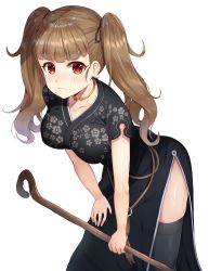 Rule 34 | 1girl, absurdres, alternate costume, alternate hairstyle, black dress, black thighhighs, blunt bangs, blush, breasts, brown hair, china dress, chinese clothes, cosplay, dress, floral print, highres, idolmaster, idolmaster cinderella girls, kamiya nao, leaning forward, long hair, looking at viewer, mabinogi, medium breasts, name connection, nao (mabinogi), nao (mabinogi) (cosplay), rangen, red eyes, side slit, simple background, sketch, solo, thick eyebrows, thighhighs, white background