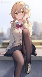 Rule 34 | 1girl, alternate costume, artist logo, black footwear, black pantyhose, black skirt, blonde hair, blurry, blurry background, blush, bow, bowtie, breasts, brown cardigan, buttons, cardigan, collared shirt, crossed bangs, flower, foot out of frame, genshin impact, hair flower, hair ornament, hand up, highres, icwine, knee up, large breasts, lily (flower), loafers, long sleeves, looking at viewer, lumine (genshin impact), miniskirt, outdoors, paid reward available, pantyhose, parted lips, pleated skirt, red bow, red bowtie, school uniform, shirt, shoes, short hair with long locks, sidelocks, sitting, skirt, solo, thighs, twitter username, white flower, white shirt, yellow eyes