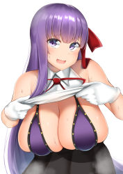 Rule 34 | 1girl, bare shoulders, bb (fate), bb (fate) (all), bb (fate/extra), bb (swimsuit mooncancer) (fate), bikini, black skirt, blush, breasts, cleavage, clothes lift, collared shirt, fate/extra, fate/extra ccc, fate/grand order, fate (series), gloves, hair ribbon, hanging breasts, high-waist skirt, highres, kitajima yuuki, large breasts, leaning forward, long hair, looking at viewer, neck ribbon, open mouth, purple bikini, purple eyes, purple hair, red ribbon, ribbon, shirt, shirt lift, simple background, skirt, sleeveless, sleeveless shirt, smile, sweat, swimsuit, very long hair, white background, white gloves, white shirt