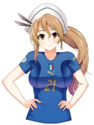 Rule 34 | 1girl, 2006 fifa world cup, absurdres, alternate costume, breasts, brown eyes, brown hair, clothes writing, feathers, hands on own hips, hat, highres, italian flag, italian text, italy, kantai collection, large breasts, littorio (kancolle), long hair, looking at viewer, puma (brand), soccer, soccer uniform, solo, sportswear, transparent background, world cup