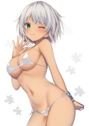Rule 34 | 1girl, ;), bikini, blush, breasts, closed mouth, commentary request, green eyes, hand on own chest, highres, looking at viewer, lost:smile, medium breasts, miko (royal milk), navel, one eye closed, puzzle piece, ribbon, short hair, side-tie bikini bottom, silver hair, simple background, smile, solo, stomach, sweatband, swimsuit, underboob, white background, white bikini, white ribbon