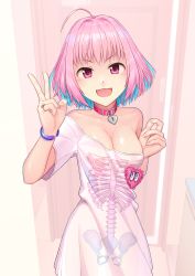 Rule 34 | 1girl, :d, absurdres, ahoge, arm at side, bangle, bare shoulders, blurry, blurry background, bracelet, breasts, cleavage, collar, commentary request, door, fang, hair intakes, hands up, heart-shaped lock, highres, idolmaster, idolmaster cinderella girls, indoors, jewelry, kep (ahokep), large breasts, long shirt, looking at viewer, off-shoulder shirt, off shoulder, open mouth, pink collar, pink eyes, pink hair, revision, ring, shiny skin, shirt, short hair, short sleeves, skeleton print, smile, solo, standing, t-shirt, tongue, v, v-shaped eyebrows, white shirt, yumemi riamu