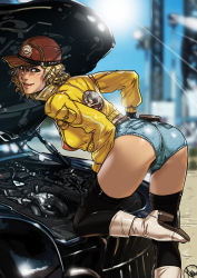Rule 34 | 1girl, ass, belt, bent over, bikini, blonde hair, boots, car, cidney aurum, commission, day, engine, final fantasy, final fantasy xv, ganassa, gloves, hat, jacket, lips, looking at viewer, looking back, motor vehicle, outdoors, shorts, solo, swimsuit, thighhighs