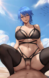 Rule 34 | 1boy, 1girl, aqua (kingdom hearts), bare shoulders, black bra, black panties, blue eyes, blue hair, blue sky, blush, bra, breasts, censored, chihunhentai, collarbone, cowgirl position, crotchless, crotchless panties, girl on top, hetero, highres, kingdom hearts, large breasts, looking at viewer, navel, open mouth, panties, penis, pussy, sex, short hair, sky, smile, spread legs, straddling, thighhighs, thighs, underwear, vaginal