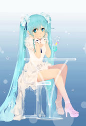 Rule 34 | 1girl, aqua eyes, aqua hair, bba1985, dress, drink, drinking straw, full body, hatsune miku, high heels, highres, long hair, sitting, smile, solo, stool, table, toes, twintails, very long hair, vocaloid