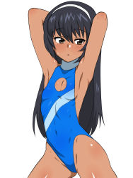 Rule 34 | 10s, 1girl, armpits, arms behind head, black hair, blush, breasts, brown eyes, casual one-piece swimsuit, cleavage cutout, clothing cutout, dark skin, dark-skinned female, flat chest, girls und panzer, groin, hairband, highleg, highleg swimsuit, highres, kagemusha, navel, one-piece swimsuit, reizei mako, sideboob, solo, standing, sweat, swimsuit, tan