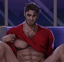 Rule 34 | 1boy, abs, areyoucracked, bara, beard, black hair, chest hair, clothes lift, dark-skinned male, dark skin, dream daddy: a dad dating simulator, facial hair, full beard, indoors, large pectorals, lifted by self, looking at viewer, male focus, muscular, muscular male, navel, navel hair, night, night sky, nipples, pectorals, red shirt, robert (dream daddy), robert small, seductive smile, shirt, shirt lift, short hair, sideburns, sky, smile, solo, window