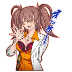 Rule 34 | 1girl, bra, breasts, brown eyes, brown hair, dr. arach, hirakawa, lace, lace bra, large breasts, long hair, ok sign, orange vest, patterned clothing, smile, tsukihime, tsukihime (remake), underwear, vest, white background