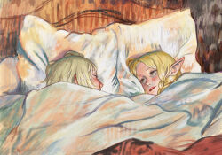 Rule 34 | 2girls, absurdres, blonde hair, blush, braid, commentary, desapyr, dungeon meshi, elf, english commentary, falin touden, green eyes, highres, indoors, lipstick, looking at another, makeup, marcille donato, multiple girls, pillow, pointy ears, sleeping, toulouse lautrec (style), under covers, yuri