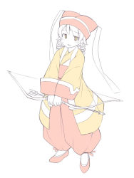 Rule 34 | 1girl, arrow (projectile), bad id, bad pixiv id, blush, bow (weapon), full body, hat, holding, holding arrow, holding bow (weapon), holding weapon, idolmaster, idolmaster cinderella girls, japanese clothes, kimono, long hair, long sleeves, looking at viewer, morikubo nono, pants, parted lips, puffy pants, red footwear, red hat, red pants, ringlets, simple background, solo, standing, sweat, uccow, weapon, white background, wide sleeves, yellow eyes, yellow kimono
