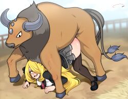 Rule 34 | 1boy, 1girl, absurdres, aldharoku, alternate costume, bestiality, blonde hair, blurry, bull, creatures (company), cynthia (pokemon), fence, game freak, gen 1 pokemon, highres, interspecies, long hair, long sleeves, mary janes, nintendo, on ground, open mouth, outdoors, pencil skirt, pokemon, pokemon (creature), pokemon dppt, pokephilia, school uniform, sex, sex from behind, shoes, skirt, tauros, thick thighs, thighhighs, thighs, top-down bottom-up, wooden fence