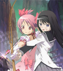 Rule 34 | 10s, 2girls, akemi homura, arrow (projectile), black hair, blue eyes, bow, bow (weapon), bruise, cover, dirty, dirty face, dress, hair bow, highres, injury, kaname madoka, layered sleeves, long hair, mahou shoujo madoka magica, mahou shoujo madoka magica (anime), multiple girls, non-web source, official art, pink eyes, pink hair, scan, taniguchi jun&#039;ichirou, twintails, weapon