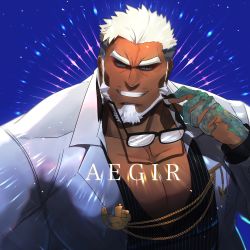 Rule 34 | 1boy, absurdres, aegir (housamo), aqua hair, bara, beard, blue background, blue eyes, character name, commentary request, dark-skinned male, dark skin, unworn eyewear, facial hair, fingernails, fish boy, formal, grin, highres, holding, holding removed eyewear, large pectorals, light rays, long sleeves, looking at viewer, male focus, mature male, multicolored hair, muscular, muscular male, open clothes, open shirt, oyatu55k, pectoral cleavage, pectorals, scales, sharp fingernails, short hair, smile, solo, sparkle, streaked hair, suit, thick eyebrows, tokyo houkago summoners, upper body, white hair, white suit