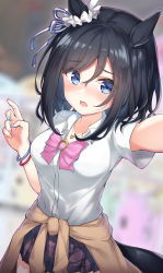 Rule 34 | 1girl, absurdres, alternate costume, animal ears, arm up, bangle, black hair, blue eyes, blue nails, blue ribbon, blurry, blurry background, blush, bow, bowtie, bracelet, breasts, clothes around waist, collared shirt, commentary request, depth of field, dot nose, ear scrunchie, eishin flash (umamusume), fingernails, gyaru, highres, horse ears, horse girl, horse tail, jacket, jacket around waist, jewelry, kogal, looking at viewer, medium breasts, miniskirt, nail polish, open mouth, outstretched hand, pink bow, pink bowtie, pizza (pizzania company), plaid, plaid skirt, pleated skirt, ribbon, school uniform, scrunchie, selfie, shirt, short hair, skirt, solo, standing, tail, umamusume, uniform, white scrunchie, wing collar