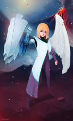 Rule 34 | 1girl, angel, angel wings, asymmetrical clothes, asymmetrical wings, blonde hair, blue eyes, borrowed character, cassie (acerailgun), cyborg, feathered wings, full body, mechanical arms, mechanical wings, lava, original, roguetwo, shadow, side slit, signature, single mechanical arm, solo, standing, volcano, wings