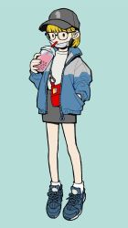 Rule 34 | 1girl, aqua background, bag, baseball cap, blonde hair, blue footwear, bubble tea, cup, disposable cup, drinking, drinking straw, glasses, grey skirt, hand in pocket, hat, highres, holding, holding cup, jacket, looking to the side, mask, mouth mask, original, shirimoto, shirt, shoes, short hair, simple background, skirt, sneakers, solid oval eyes, solo, surgical mask, white legwear, white shirt