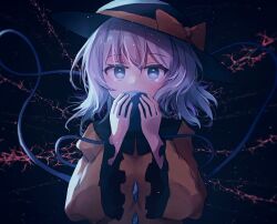 Rule 34 | 1girl, ar (maeus), black background, black hat, bow, commentary, grey eyes, grey hair, hat, hat bow, highres, holding, komeiji koishi, long sleeves, looking at viewer, short hair, solo, third eye, touhou, upper body, yellow bow