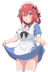 Rule 34 | 1girl, black ribbon, blush, breasts, chestnut mouth, cleavage, clothes lift, dress, dress lift, foreshortening, gabriel dropout, hair between eyes, hair ribbon, hair rings, highres, large breasts, lifting own clothes, long hair, looking at viewer, maid, maid headdress, medium breasts, nyaroon, open mouth, panties, pantyshot, purple eyes, red hair, ribbon, satanichia kurumizawa mcdowell, simple background, solo, standing, striped clothes, striped panties, sweat, thighhighs, thighs, underwear, white background, white thighhighs