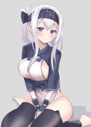 Rule 34 | 10s, 1girl, absurdres, bandages, between legs, black thighhighs, blue eyes, blue headband, blush, breasts, cropped jacket, dress, folded ponytail, fundoshi, grey background, hand between legs, headband, highres, japanese clothes, kamoi (kancolle), kantai collection, large breasts, long hair, natsu (sinker8c), panties, pelvic curtain, shadow, sideboob, silver hair, simple background, sitting, skindentation, smile, solo, thick eyebrows, thighhighs, underwear, wariza, white dress, white panties