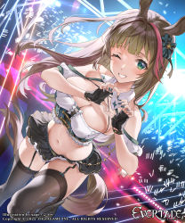 Rule 34 | 1girl, :d, animal ears, black skirt, blue bow, blush, bow, breasts, brown hair, cleavage, concert, copyright name, crowd, evertale, garter straps, green eyes, grey thighhighs, grin, hair bow, heart, heart hands, highres, horse ears, horse tail, idol, large breasts, logo, looking at viewer, midriff, miniskirt, multicolored hair, navel, official art, one eye closed, open mouth, sage joh, skirt, smile, solo, stage, standing, standing on one leg, streaked hair, tail, thighhighs