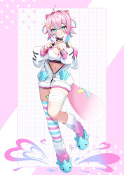 Rule 34 | 1girl, absurdres, ahoge, animal ears, aqua hair, arm wrap, bandage on face, bandaged leg, bandages, bandaid, bandaid on arm, bandaid on ear, bandaid on hand, bandaid on tail, bandaid on thigh, belt, belt collar, black belt, blue eyes, blush, breasts, cleavage, collar, collarbone, crop top, elegant (sumisumi4268), fang, full body, gradient legwear, hair ornament, headphones, headphones around neck, heart, heart-shaped pupils, heart hands, highres, jacket, large breasts, loose socks, multicolored hair, multicolored tank top, multicolored thighhighs, navel, no pants, off shoulder, original, partially unzipped, pink hair, pink nails, pink socks, puffy sleeves, shell, short hair, single thighhigh, skin fang, slippers, smile, socks, solo, standing, standing on one leg, star (symbol), star hair ornament, starfish, streaked hair, striped clothes, striped thighhighs, symbol-shaped pupils, thighhighs, thighs, white jacket, white socks