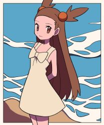 Rule 34 | 1girl, arms behind back, border, bow, brown eyes, brown hair, closed mouth, commentary request, creatures (company), day, dress, eyelashes, game freak, hair bobbles, hair ornament, highres, jasmine (pokemon), long hair, nintendo, outdoors, pokemon, pokemon gsc, sleeveless, sleeveless dress, solo, standing, two side up, tyako 089, water, white border, white bow, white dress