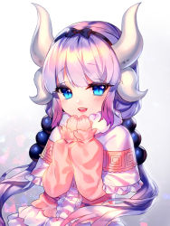 Rule 34 | 10s, 1girl, :d, bad id, bad pixiv id, beads, black joa, black ribbon, blue eyes, blush, capelet, dragon horns, gradient background, hair beads, hair ornament, hair ribbon, head tilt, highres, horns, kanna kamui, kobayashi-san chi no maidragon, light purple hair, long hair, long sleeves, looking at viewer, low twintails, open mouth, own hands together, ribbon, skirt, slit pupils, smile, solo, twintails, very long hair