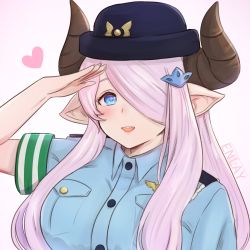 Rule 34 | 1girl, :d, artist name, bad id, bad pixiv id, blue eyes, blue hat, blue shirt, blush, breast pocket, breasts, collared shirt, draph, english text, enlay, granblue fantasy, hair ornament, hair over one eye, hat, heart, highres, horns, large breasts, light purple hair, long hair, looking at viewer, narmaya (granblue fantasy), open mouth, pink hair, pocket, pointy ears, police, police uniform, policewoman, salute, self-upload, shirt, short sleeves, smile, solo, uniform, upper body, watermark, web address, wing collar