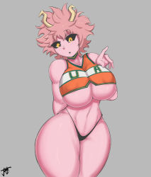 Rule 34 | 1girl, ashido mina, bare shoulders, black sclera, boku no hero academia, breasts, choker, colored sclera, colored skin, crop top, grey background, highleg, highres, horns, huge breasts, jmvmaa, looking down, messy hair, open mouth, pink hair, pink skin, short hair, simple background, sleeveless, solo, teeth, thong, underboob, upper teeth only, wide hips, yellow eyes