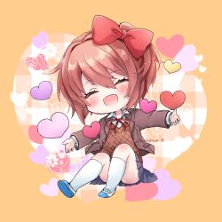 Rule 34 | 1girl, :d, ^ ^, blue sky, blush, bow, chibi, closed eyes, commentary, doki doki literature club, facing viewer, hair between eyes, hair bow, heart, highres, jacket, kneehighs, open clothes, open jacket, open mouth, outstretched arms, pink hair, pleated skirt, red bow, sayori (doki doki literature club), school uniform, short hair, skirt, sky, smile, socks, solo, spread arms, touko 56, twitter username, white socks