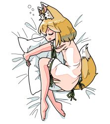 Rule 34 | 1girl, animal ear fluff, animal ears, arm ribbon, barefoot, bed sheet, blonde hair, closed eyes, commentary request, fox ears, fox girl, fox tail, frilled sleeves, frills, green ribbon, kasuya baian, kudamaki tsukasa, leg ribbon, lying, medium hair, nose bubble, hugging object, on bed, on side, open mouth, pillow, pillow hug, raised eyebrows, ribbon, short sleeves, squeans, sleeping, solo, tail, touhou, white background, white romper