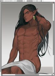 Rule 34 | 1boy, abs, art program in frame, bara, brown hair, castlevania (series), castlevania: nocturne, covering privates, dark-skinned male, dark skin, earrings, feet out of frame, green eyes, hand in own hair, highres, jewelry, long hair, looking at viewer, male focus, naked towel, navel, nipples, nude cover, olrox, pectorals, pointy ears, single earring, sitting, smirk, sofit, solo, stomach, thick eyebrows, topless male, towel
