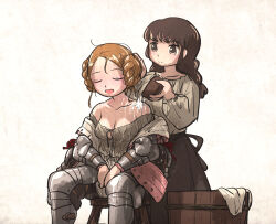 Rule 34 | 2girls, armor, braid, breasts, brown hair, cleavage, commentary, covered erect nipples, double bun, english commentary, french braid, hair bun, highres, hot, ironlily, lady johnna (ironlily), light brown hair, long hair, medieval, medium breasts, multiple girls, no bra, off shoulder, ordo mediare sisters (ironlily), plate armor, pouring onto another, short hair, sweat, twin braids sister (ironlily), very sweaty, washing another, water, wet, wet clothes