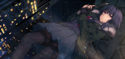 Rule 34 | 1girl, album cover, black hair, black pantyhose, city, city lights, closed mouth, cover, fringe trim, fur trim, gun, highres, jacket, long hair, looking away, maru (sw1tch), night, night sky, open clothes, open jacket, original, pantyhose, purple eyes, skirt, sky, snow, solo, weapon